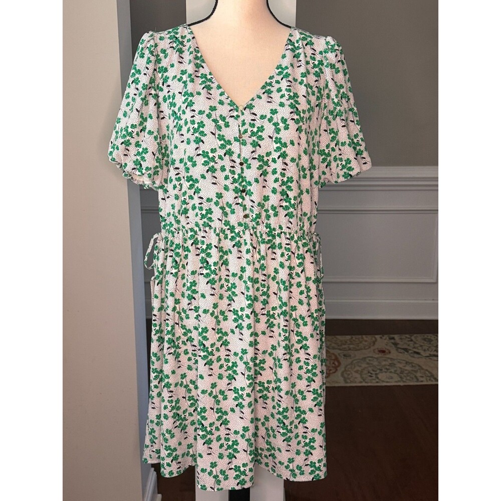 Loft Ivory/Green Floral Dress with Side Ties Short Puff Sleeves Sz 10